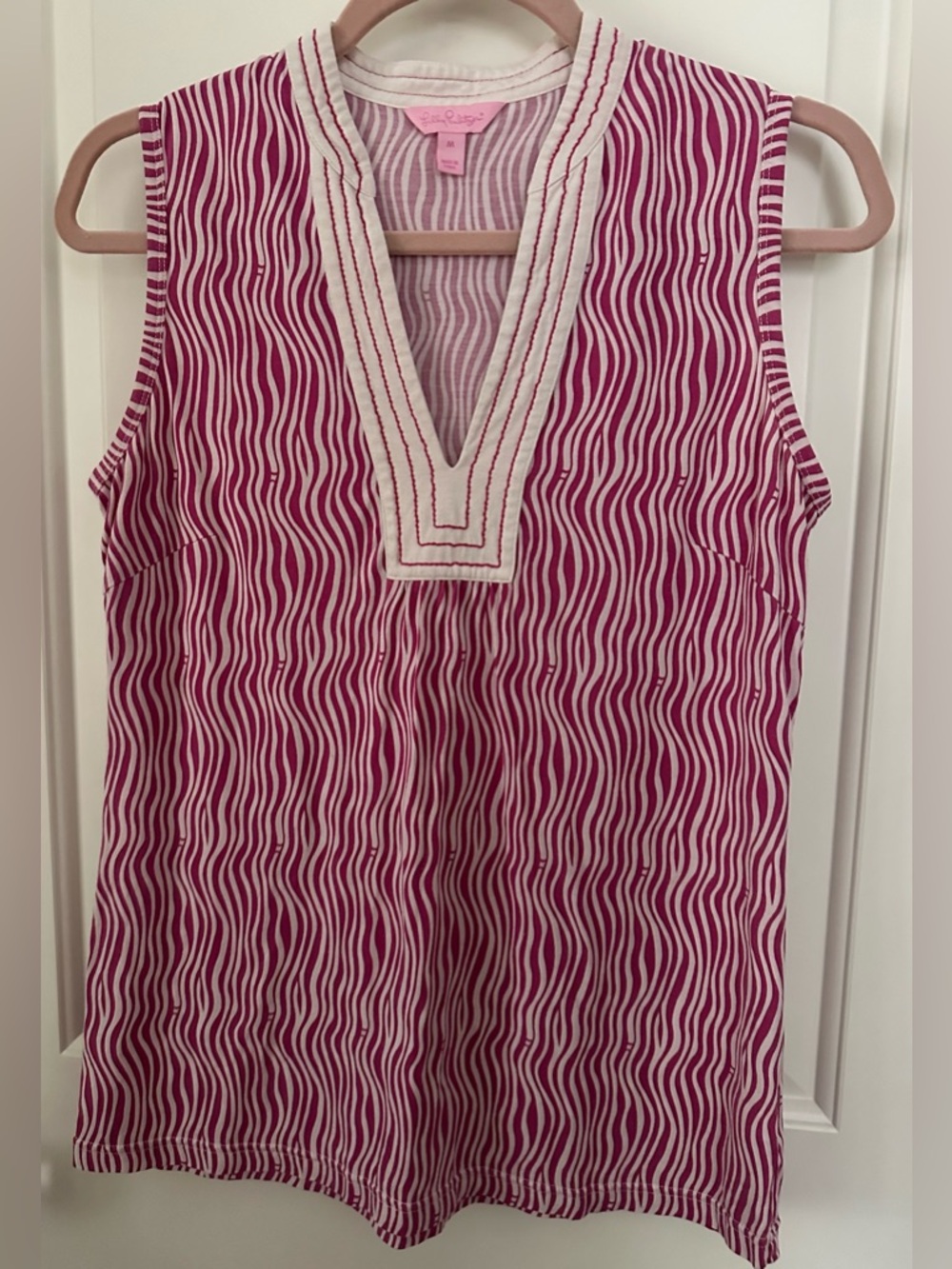 Lilly Pulitzer Pink Stripe Sleeveless Tunic Top V-Neck Preppy M
